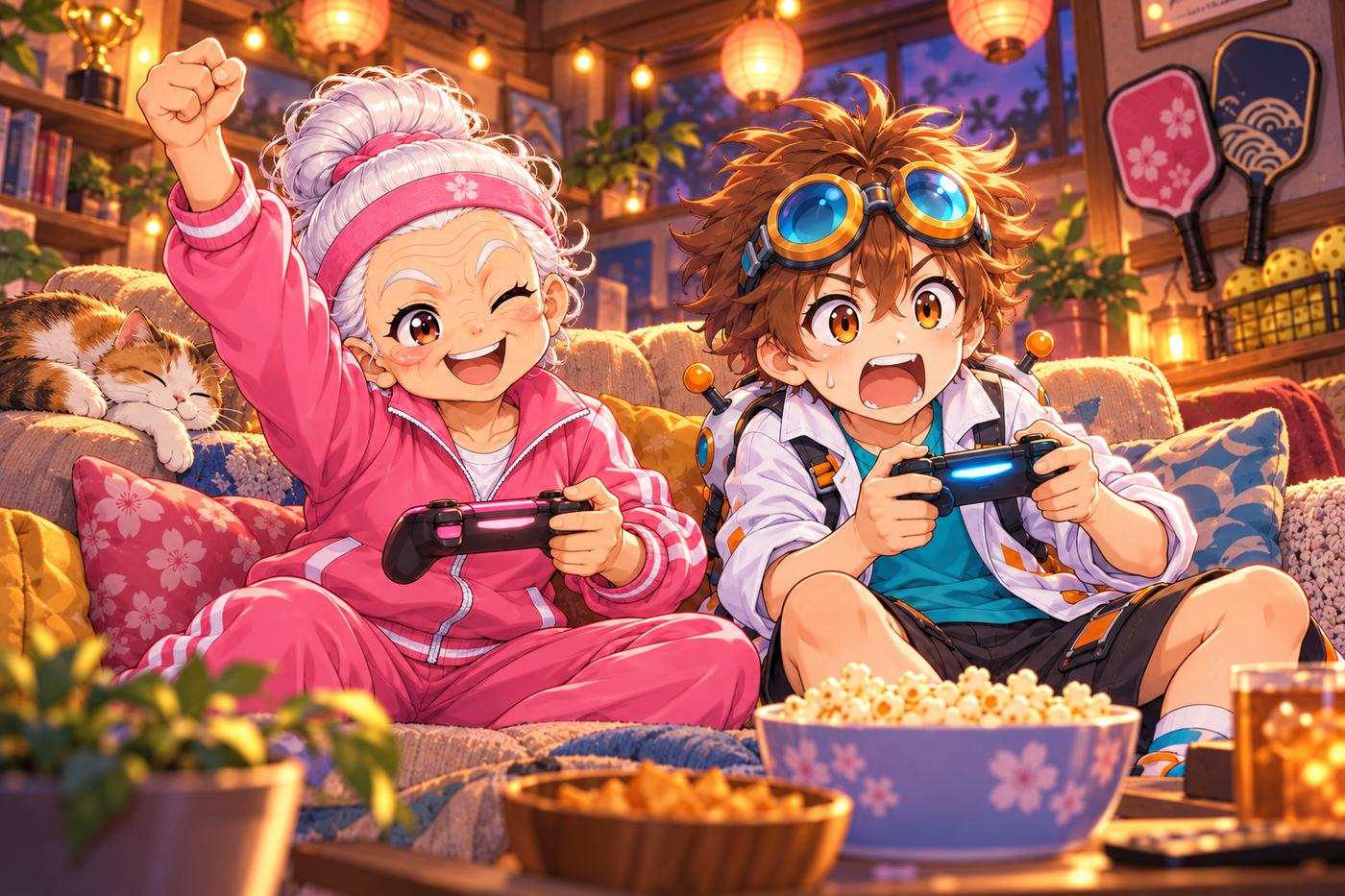 Granny Ume cheers with a fist in the air while Professor Pip gapes, both gripping game controllers on a clubhouse sofa.