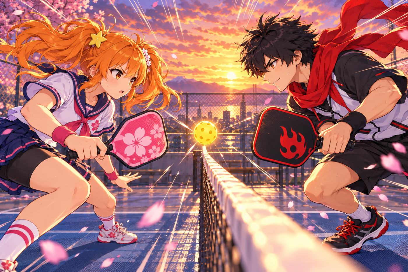 Hana and Ren crouch nose to nose at the net, the ball frozen in the air between them.