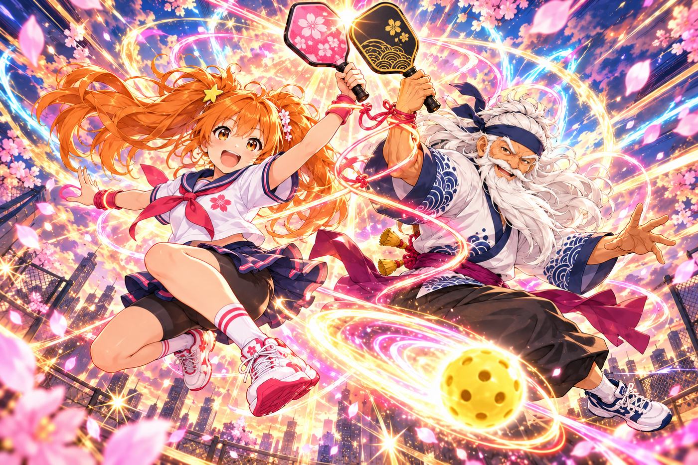 Hana and Grandpa Tetsu leap back to back, paddles crossed, wrapped in a ribbon of pink and gold light.