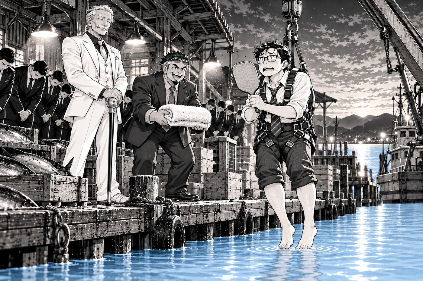 At dawn on the fish-market dock, a salaryman is lowered toward the water with great ceremony while the underboss waits with a towel.