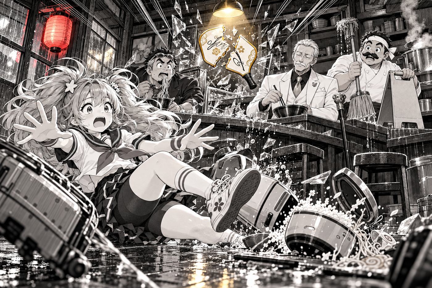 Hana slips on the wet floor of a ramen shop and the boss's signed paddle snaps in half, while Kumagai calmly puts down his chopsticks.