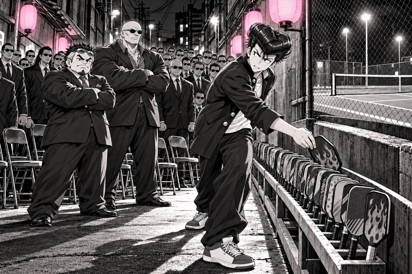 Thirty men in suits stand up in silence as Kenta moves his paddle to the back of the stack.