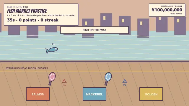 Fish Market Practice: two paddles, three crates, a fish on the way.