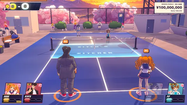 A doubles match on the Sakura Rooftops with Hana and Kenta at the baseline.