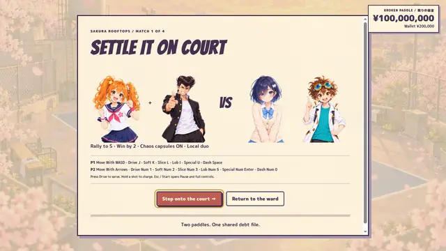 The game's match card: Settle it on court, Hana and Kenta against Sora and Pip.