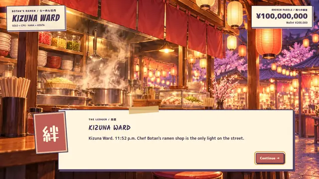Night on Ramen Row: Chef Botan's shop, the only light on the street.