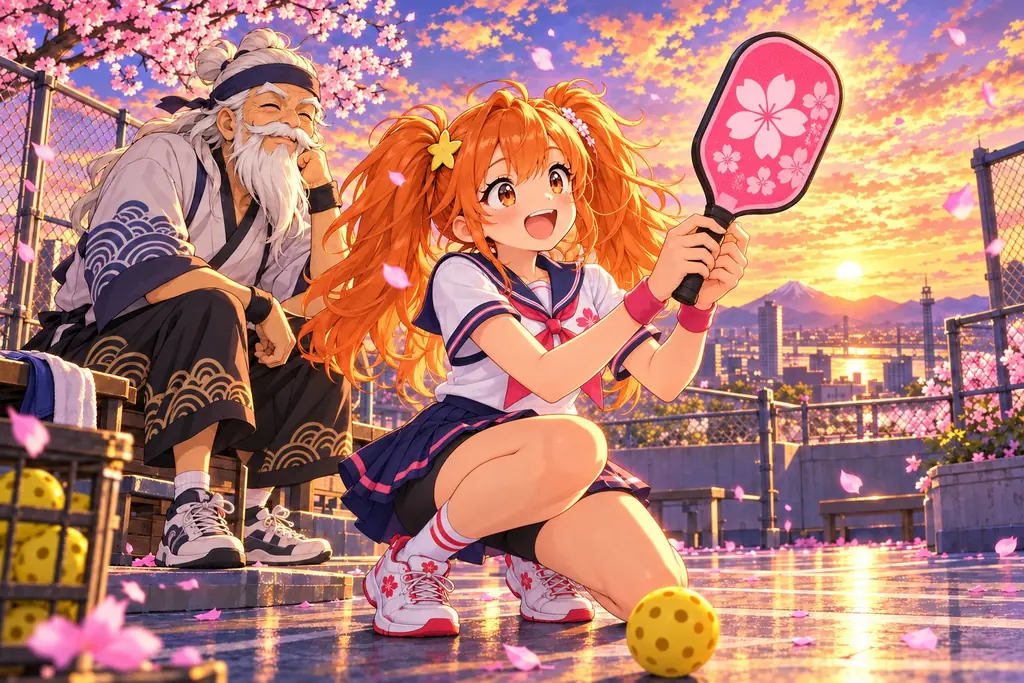 Hana and Grandpa Tetsu on the rooftop court bench at sunset.