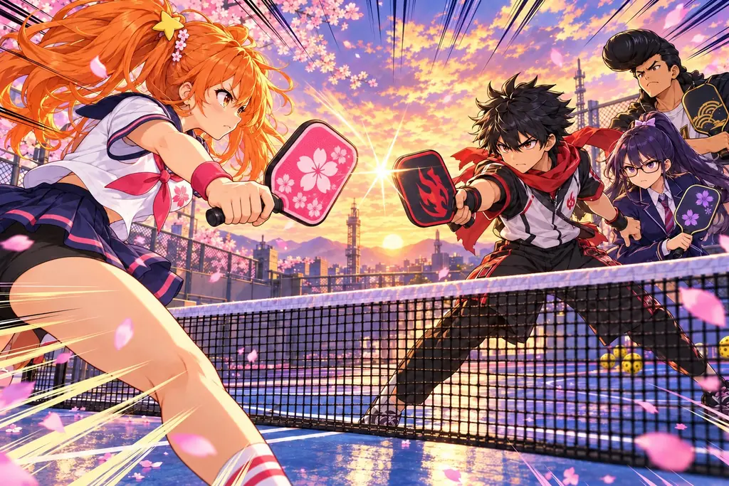 Hana stretches for a ball at the net while Ren, Mika and Kenta wait on the other side.
